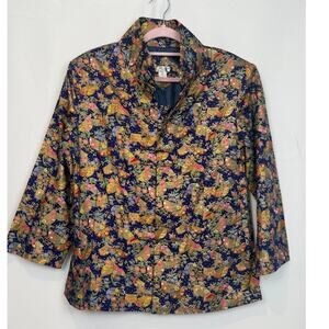 NWOT Grace Chuang New York 100% Silk Navy Floral Brocade Mandarin Jacket 1XL